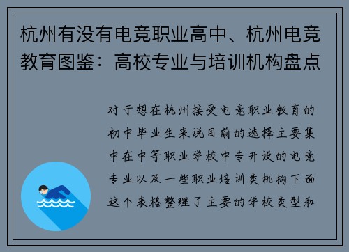 杭州有没有电竞职业高中、杭州电竞教育图鉴：高校专业与培训机构盘点